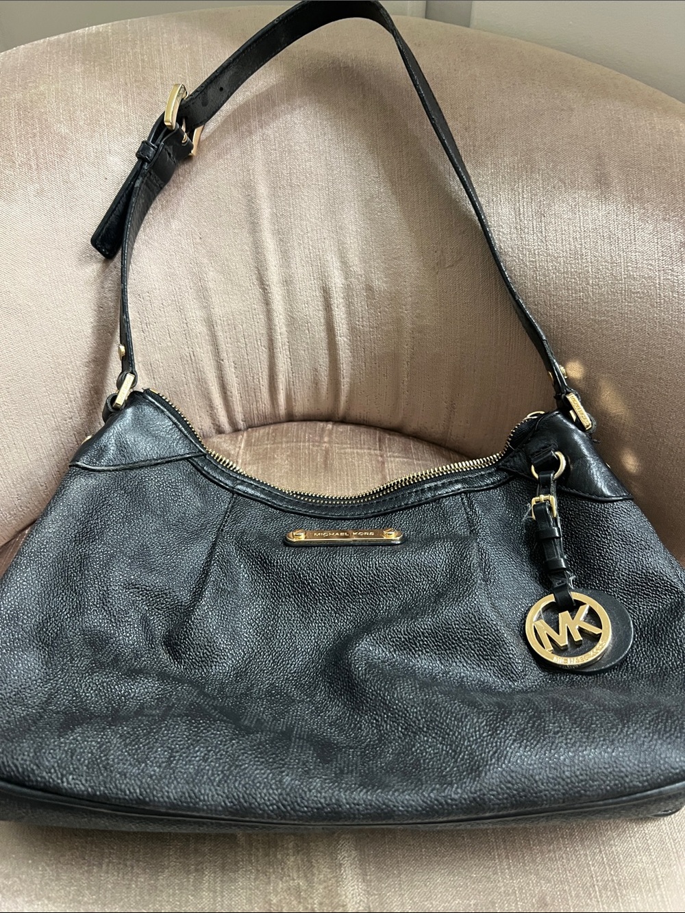 Michael Kors Black Leather Hobo Shoulder Bag with Gold MK Charm